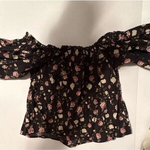 Celebrity Pink Black Off-Shoulder Floral Blouse with Pink & Cream Roses